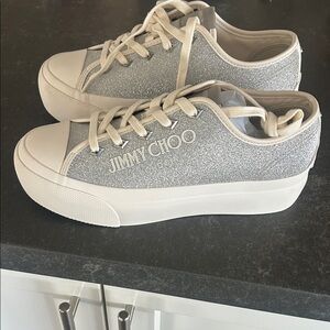 NWT Jimmy Choo Glittery Silver and Cream Sneakers